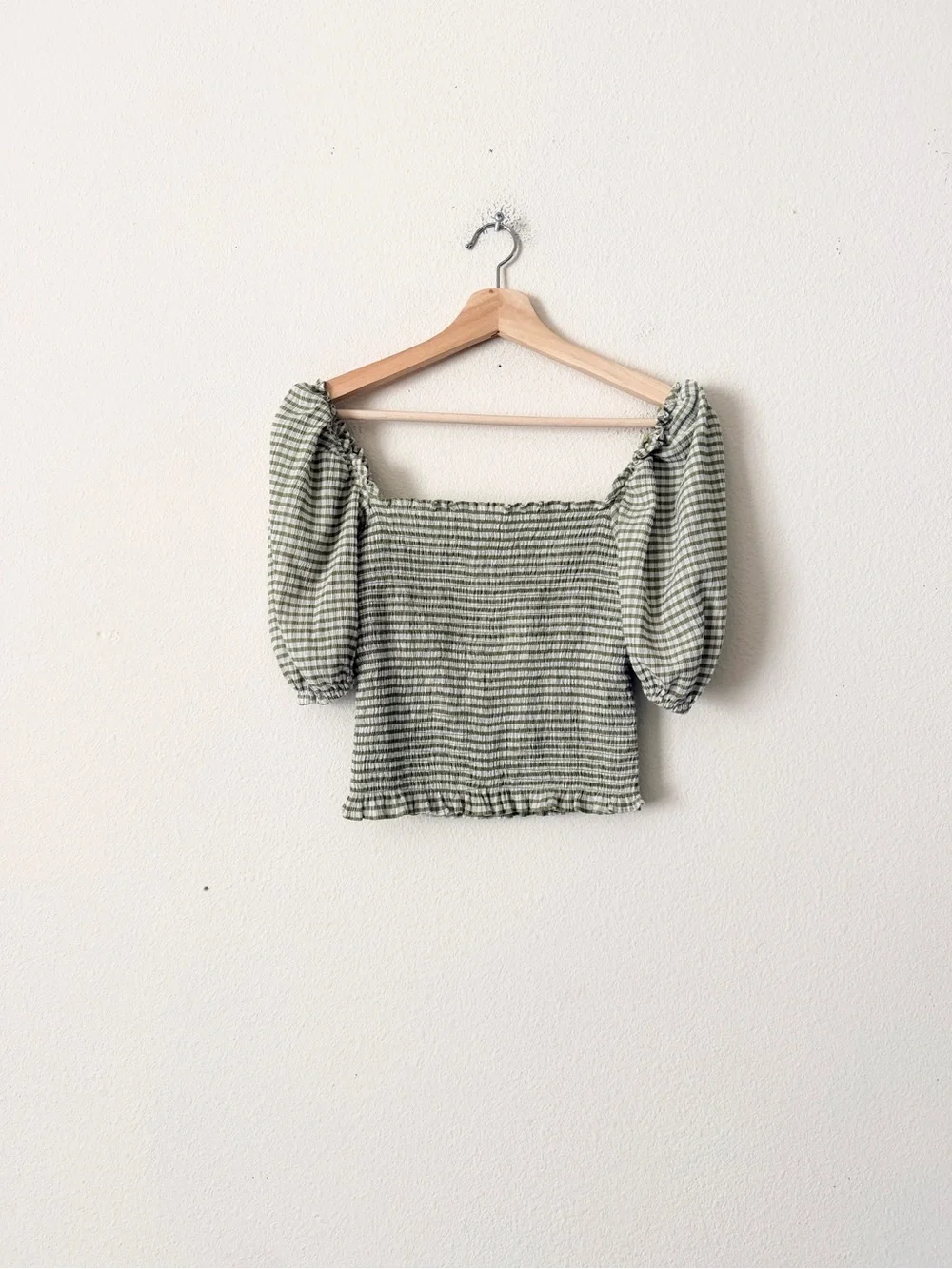 Reformation SMALL Marilyn smocked green white check puff sleeve top